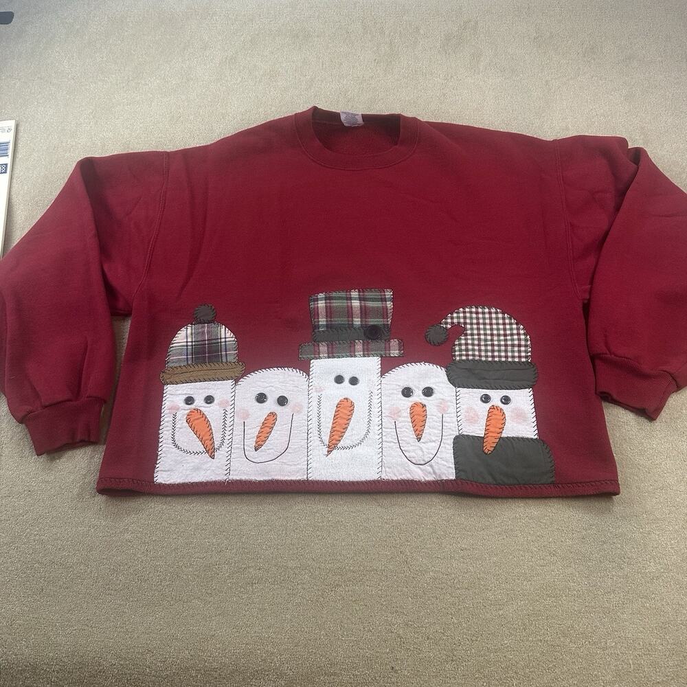 Vintage Red Cropped Christmas Sweatshirt. Snowman Handmade. Large